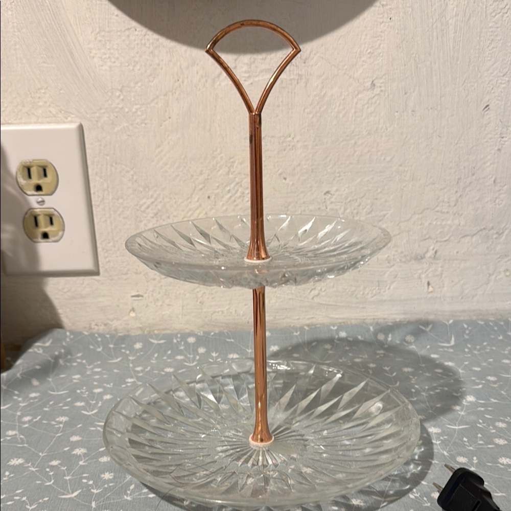 Elegant Two-Tier Glass Serving Tray with Copper Stand